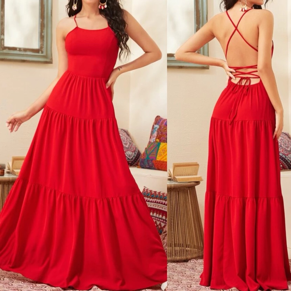 Red lace up back ruffle hem cami maxi dress - Picture 1 of 6